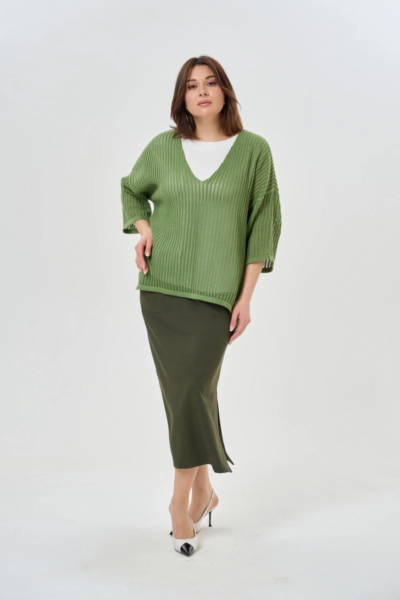 Льняная юбка макси прямого силуэта с карманом зеленая La Diano