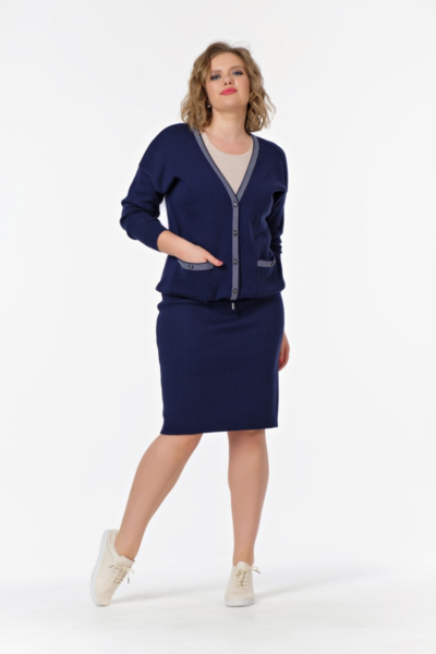 Жакет женский вязаный прямой силуэт V-образный вырез синий La Diano