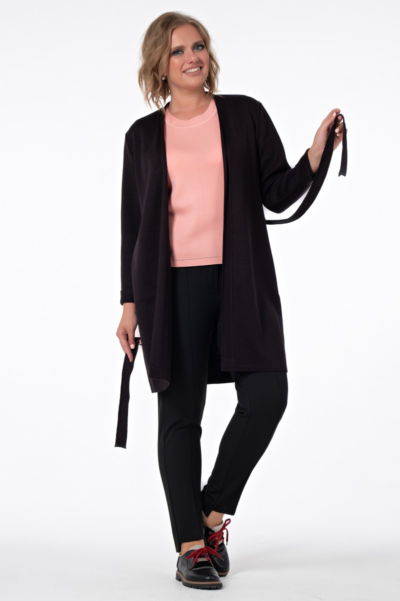 Кардиган удлинённый с поясом чёрный трикотажный женский La Diano