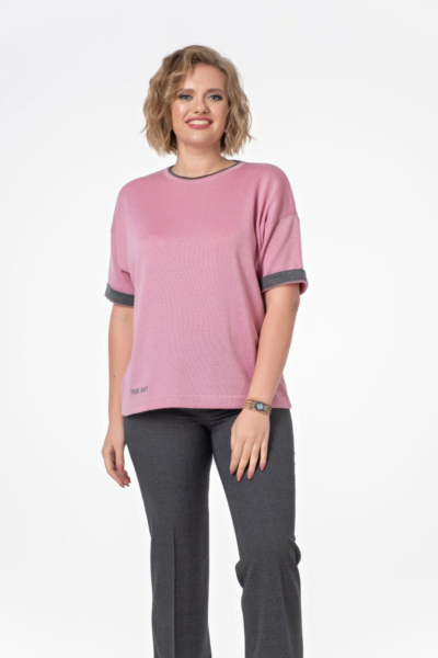 Вязаный джемпер удлиненный розовый с контрастной отделкой La Diano