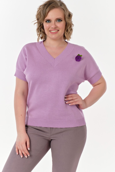 Вязаный джемпер с V-вырезом из хлопка короткий рукав лавандовый La Diano