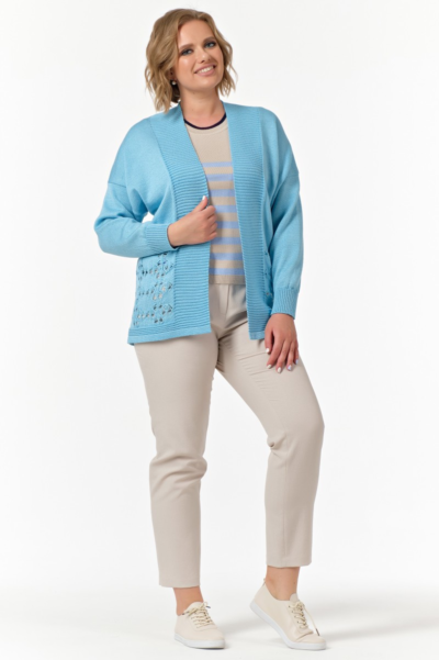 Вязаный кардиган голубой прямого силуэта с ажурным узором La Diano