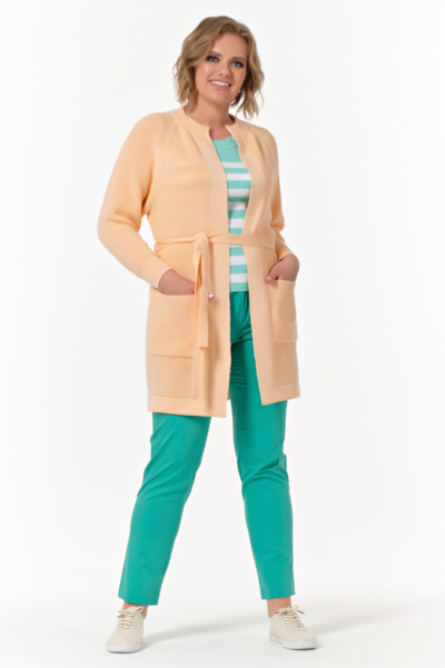 Длинный вязаный кардиган с поясом персикового цвета La Diano