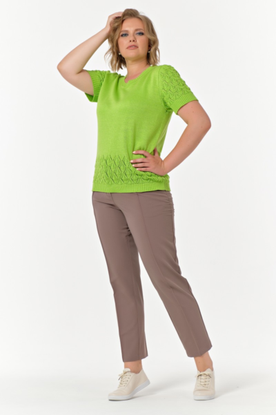 Зеленый вязаный джемпер с коротким рукавом и ажурными вставками La Diano