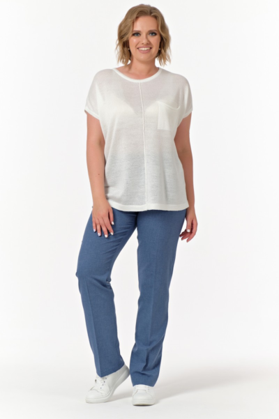 Джемпер женский с коротким рукавом и карманом вязаный белый La Diano