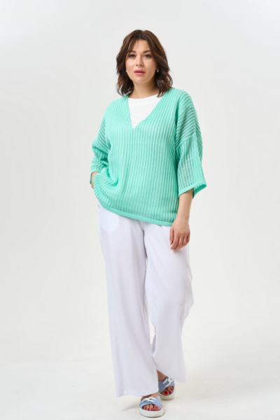 Джемпер ажурной вязки с V-вырезом зеленый хлопковый La Diano