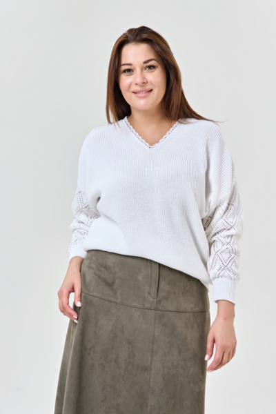 Джемпер хлопковый с ажурными рукавами и V-вырезом белый