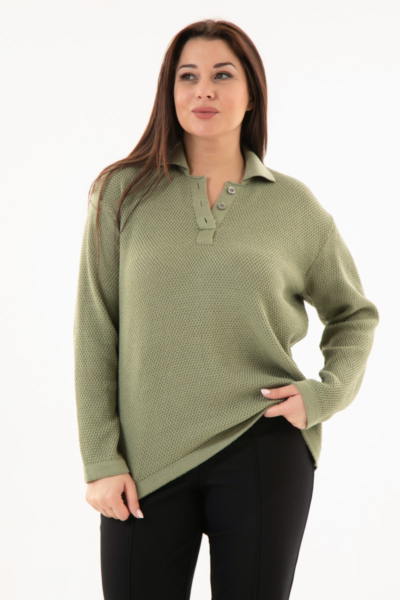 Джемпер поло женский вязаный зеленый с пуговицами и узором La Diano