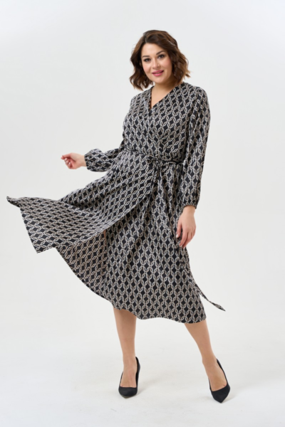 Платье на запах с поясом черное с принтом длинный рукав La Diano