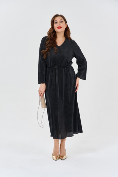Платье миди свободного кроя с поясом черное оверсайз La Diano
