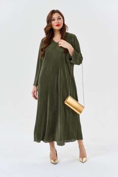 Платье макси свободного силуэта хаки с длинными рукавами La Diano