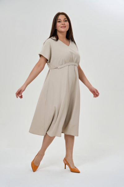 Платье с поясом расклешенное больших размеров бежевое La Diano