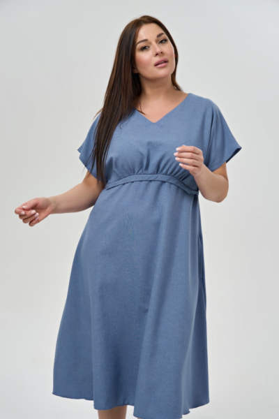 Платье свободного кроя с поясом больших размеров синее La Diano