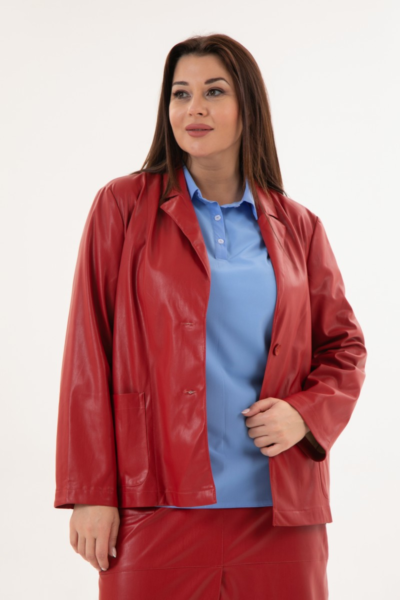 Кожаный жакет красный однобортный с отложным воротником La Diano