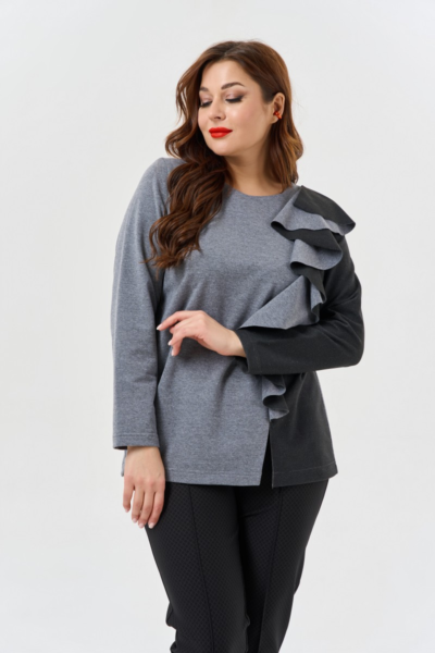 Блузка двухцветная с воланом прямого силуэта серая La Diano