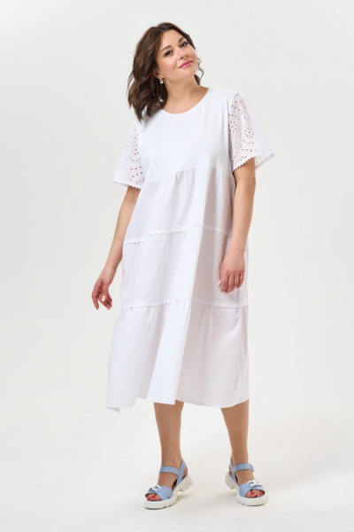 Летнее платье с ярусами из хлопка белое свободного кроя La Diano