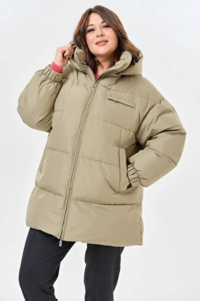 Пуховик женский прямого силуэта с капюшоном хаки длинный La Diano