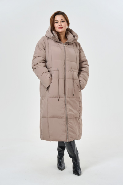Длинный пуховик с капюшоном женский прямого силуэта бежевый La Diano
