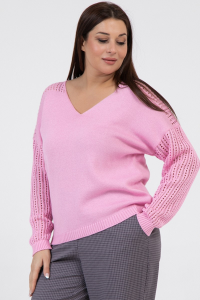 Ажурный джемпер с V-образным вырезом розовый хлопок La Diano