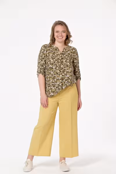 Льняные брюки палаццо горчичные с поясом на резинке