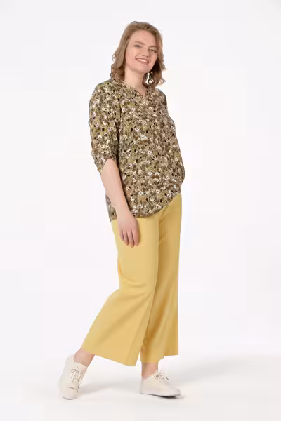 Льняные брюки палаццо горчичные с поясом на резинке