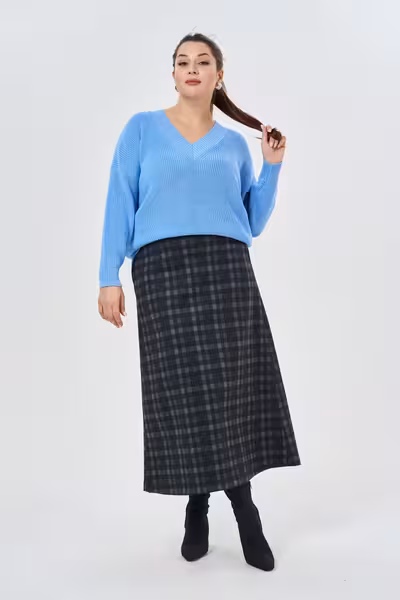 Трикотажная юбка миди с поясом в клетку высокая посадка