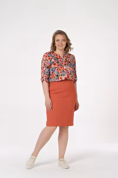 Юбка карандаш терракотовая с декоративным поясом миди