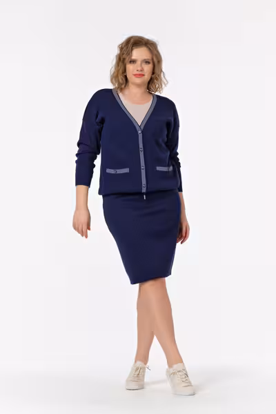 Жакет женский вязаный прямой силуэт V-образный вырез синий