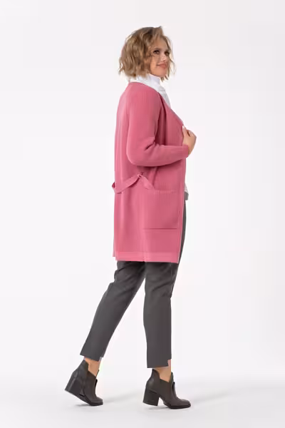 Длинный кардиган прямого силуэта с поясом и воротником стойка