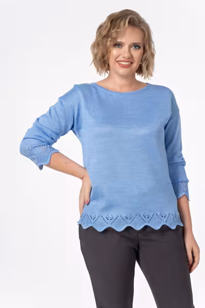 Джемпер вязаный голубой с ажурным узором прямого силуэта