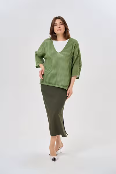 Джемпер с V-вырезом сетчатой вязки хлопковый зеленый