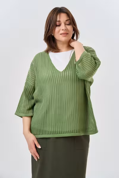 Джемпер с V-вырезом сетчатой вязки хлопковый зеленый