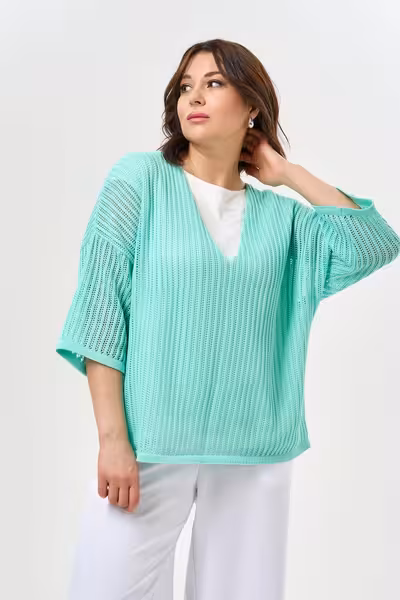 Джемпер ажурный с V-вырезом зеленый хлопковый