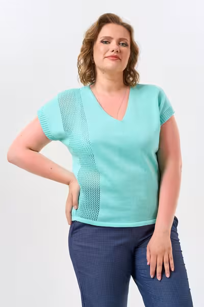 Джемпер женский вязаный с V-вырезом мятный трикотажный