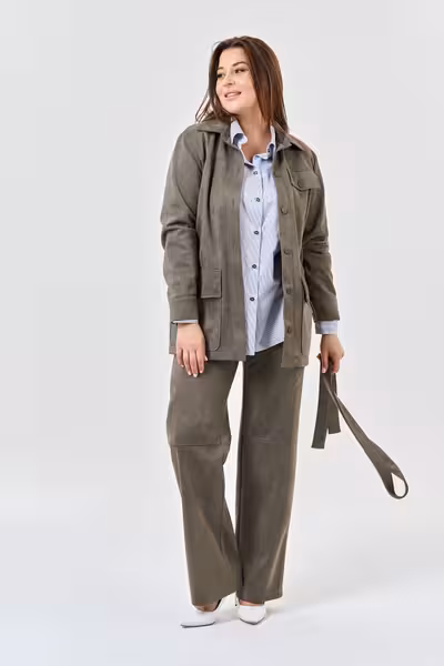 Жакет прямого силуэта с поясом оливковый цвет