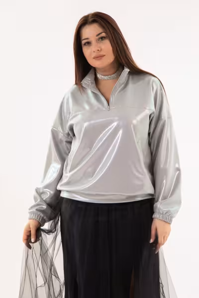 Свитшот женский металлик с воротником стойкой и карманами