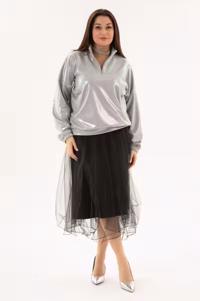 Свитшот женский металлик с воротником стойкой и карманами