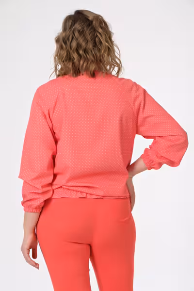Блузка коралловая в горошек с молнией и карманами
