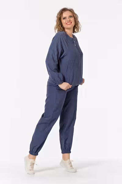 Блузка с молнией и карманами синяя свободного кроя