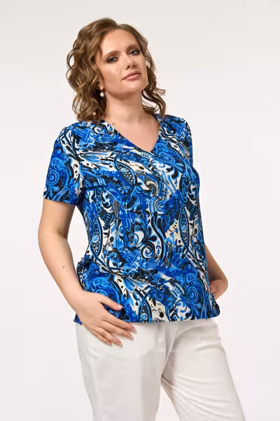 Блузка с V-образным вырезом короткий рукав синяя