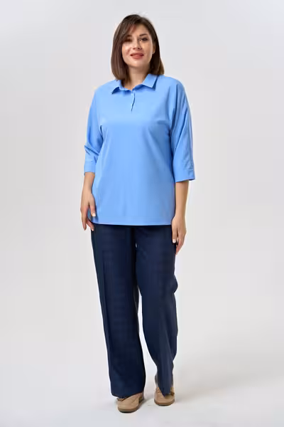 Блузка голубая с рукавом 7/8 классическая с воротником