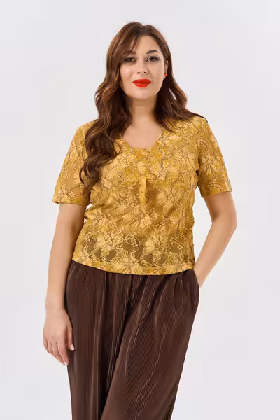 Кружевная блузка с V-вырезом и коротким рукавом золотая