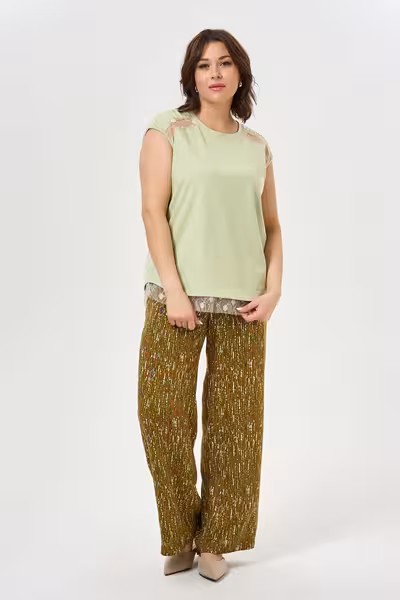 Блузка трикотажная с кружевом зеленая больших размеров