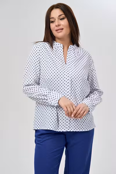 Белая блузка в мелкий горошек с длинным рукавом прямого силуэта