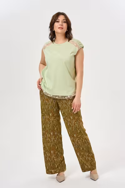 Широкие прямые брюки женские зеленые с пайетками
